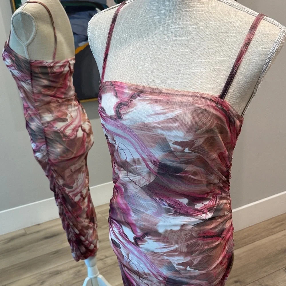 Bodycon ruched Pink and White Women's Dress